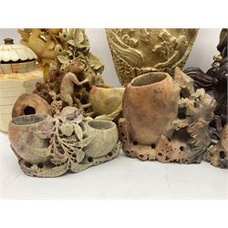 Collection of hardstone and soapstone, including hardstone seal carved temple dogs finial, inscription on base, together with inkwells, vases etc  