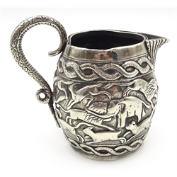  Early 20th century Indian silver jug, embossed with hunting scene, approx 5oz   