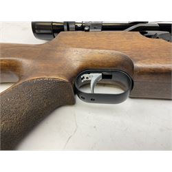 Weihrauch HW100 .22 calibre PCP repeating air rifle; walnut thumbhole stock with textured pistol-grip; Nikko Stirling Silver Crown 3-9x40 telescopic sight; integral sound moderator; No.1901181 L99cm overall; in gun sling; with Logun Combi-Pump and quantity of pellets