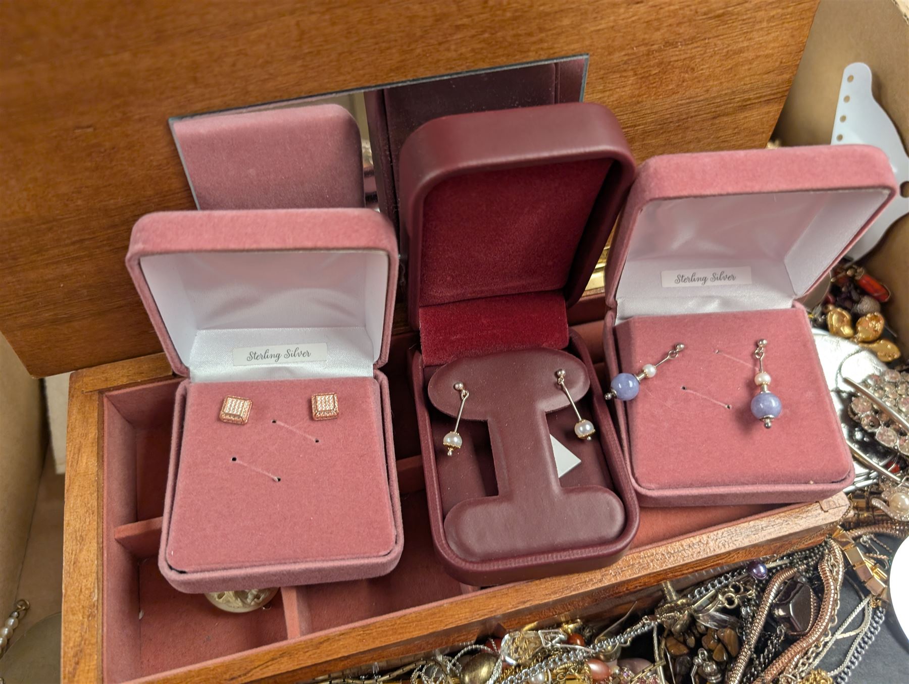 Silver earrings, including three boxed pairs, costume jewellery, compact mirrors and three jewellery boxes
