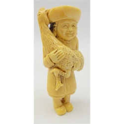  Japanese Meiji ivory Netsuke carved as a Dutchman holding a Cockerel, signed to foot, L7.5cm Provenance: private collection   