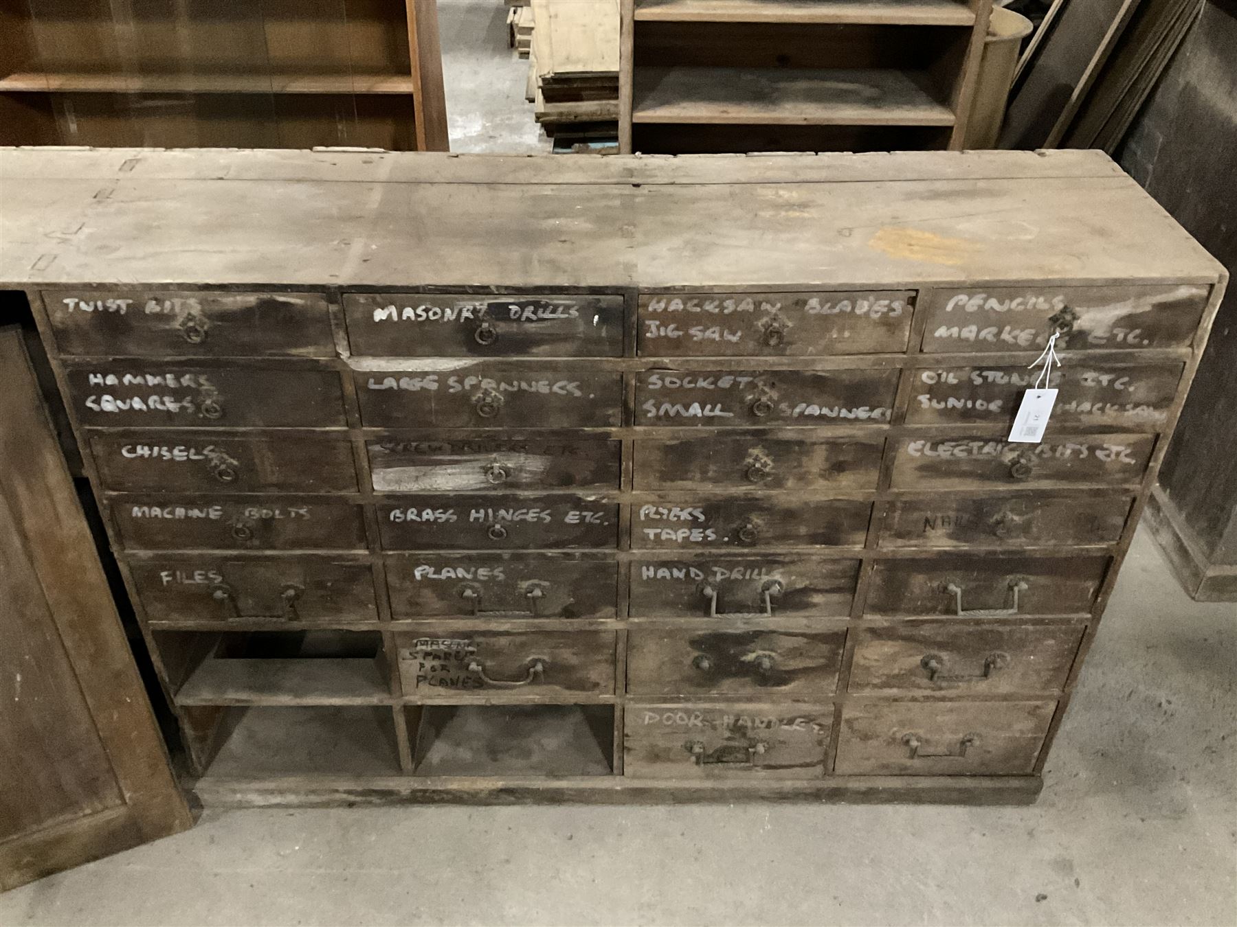 19th century pine multi-drawer workshop cabinet, fitted with double cupboard and drawers - THIS LOT IS TO BE COLLECTED BY APPOINTMENT FROM THE OLD BUFFER DEPOT, MELBOURNE PLACE, SOWERBY, THIRSK, YO7 1QY