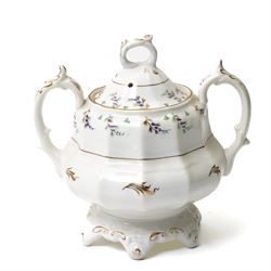 19th century English porcelain tea service, possibly Coalport, comprising teapot, covered sucrier, ten teacups and saucers, slop bowl, milk jug, and two serving dishes