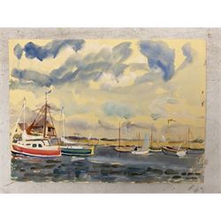 Jean Alexander (British 1911-1994): Views in Suffolk, comprising: 'Morning on the Shore - Aldeburgh July 1984', 'Sunshine on the Backwater - Aug '85 with Stephanie', 'Stormy Weather - High Sea near East Terrace Aug 1988', 'Walberswick - July 1990', 'Squally Weather near Bungay (outside Joan's house Broom Tuns) Jan 1990', 'Polzeath N. Cornwall - August 1989', and another untitled, watercolours, each signed, variously titled and dated verso, the titled 27.5cm x 37.5cm (unframed), the other 25cm x 27cm (mounted) (7)