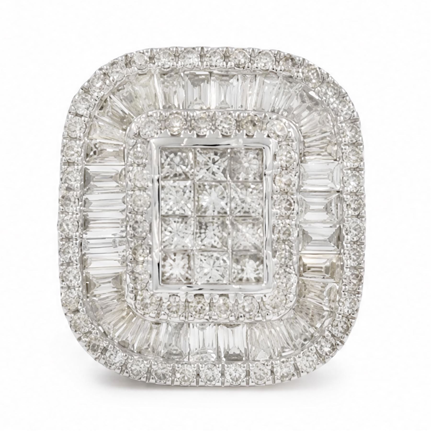 White gold diamond cluster ring, pave set with princess cut, baguette cut and round brilliant cut diamonds, hallmarked 9ct, total diamond weight 3.40 carat