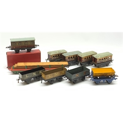 Hornby '0' gauge - No.1 Passenger Coach, boxed; four unboxed Pullman coaches, two 'Aurelia' and two 'Marjorie'; Side Tipping Truck, bogie Lumber Wagon and three Open Wagons (10)