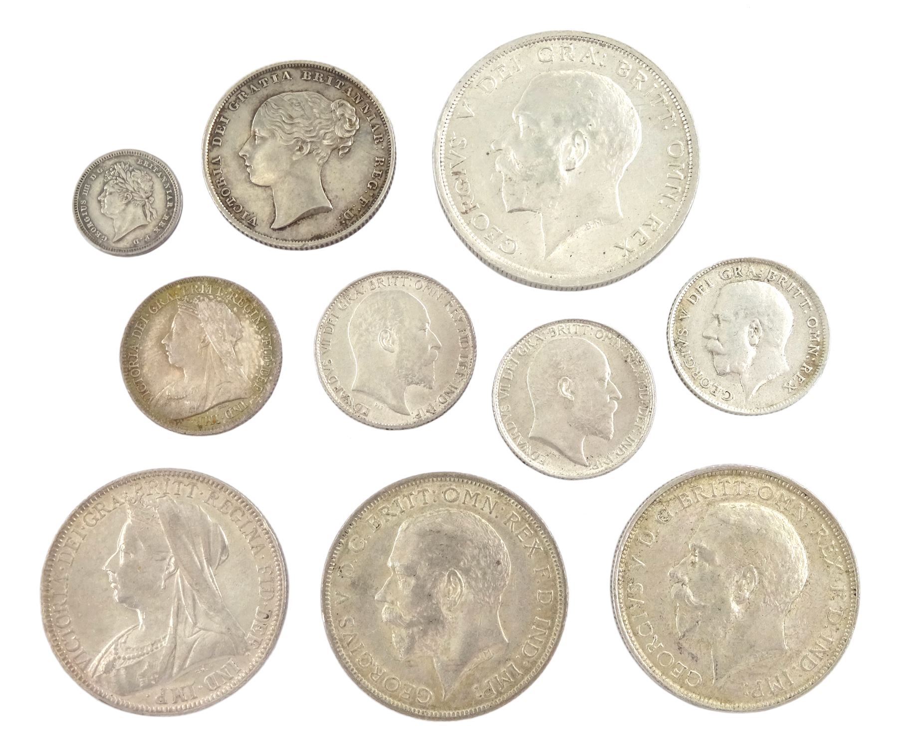Great British pre 1920 silver coins including King George IV 1827 maundy twopence, Queen Victoria 1853 shilling, 1898 florin and 1901 sixpence, King Edward VII 1904 and 1910 sixpences, King George V 1915 florin, 1916 halfcrown etc (10)