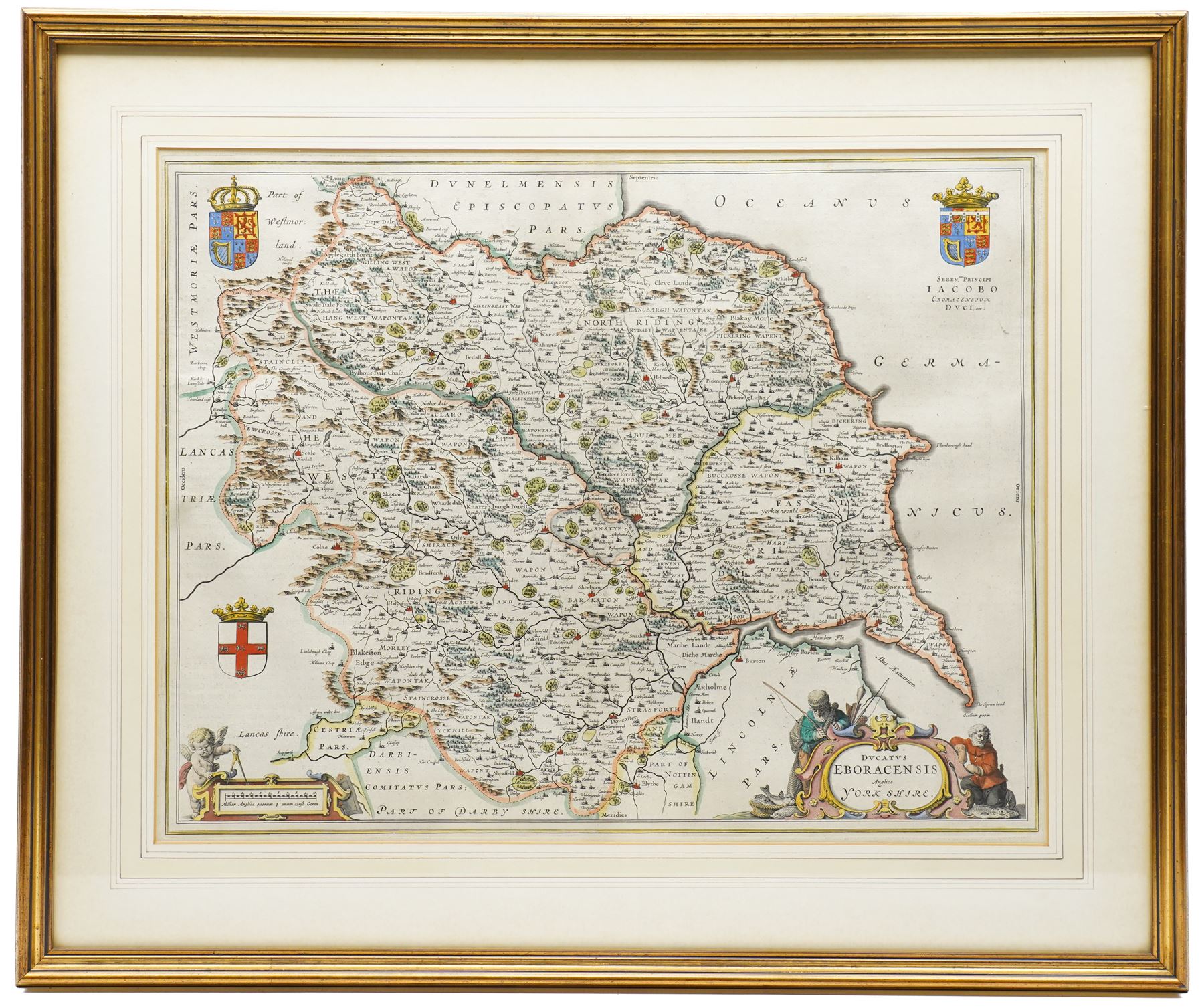 Johannes (Joan) Blaeu (Dutch 1596-1673): 'Ducatus Eboracensis Anglice Yorkshire', 17th century engraved map of Yorkshire with hand-colouring pub. Atlas Novus c.1645, 40cm x 51cm