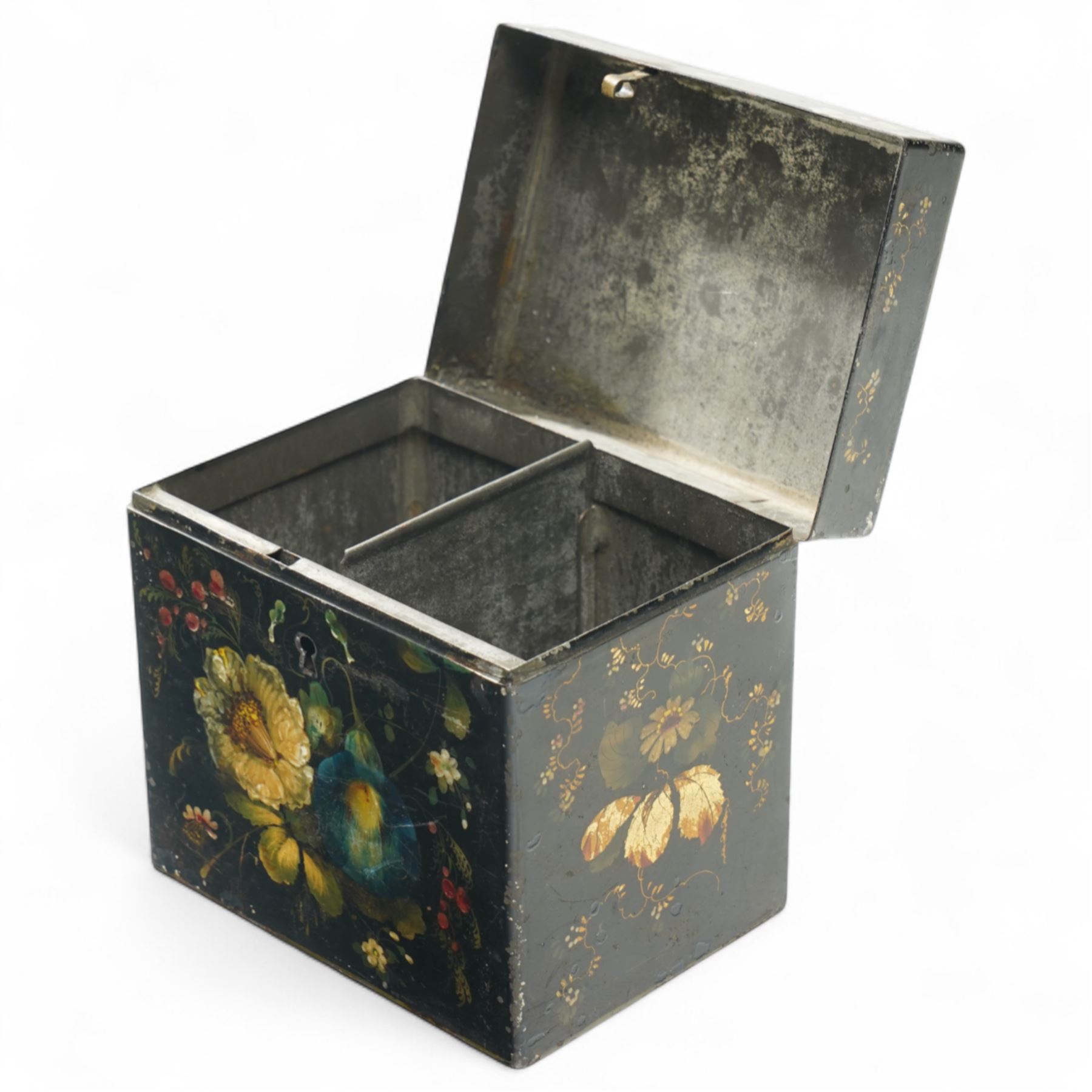 Late Regency period toleware tea caddy with painted floral decoration heightened with gilt, with two compartments, H12.5cm