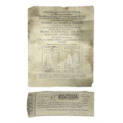 1799 Irish Lottery Ticket for the November 18th lottery signed by A. Higinbotham; together with a hand bill advertising the lottery and the English lottery March 3rd 1800 (2)
