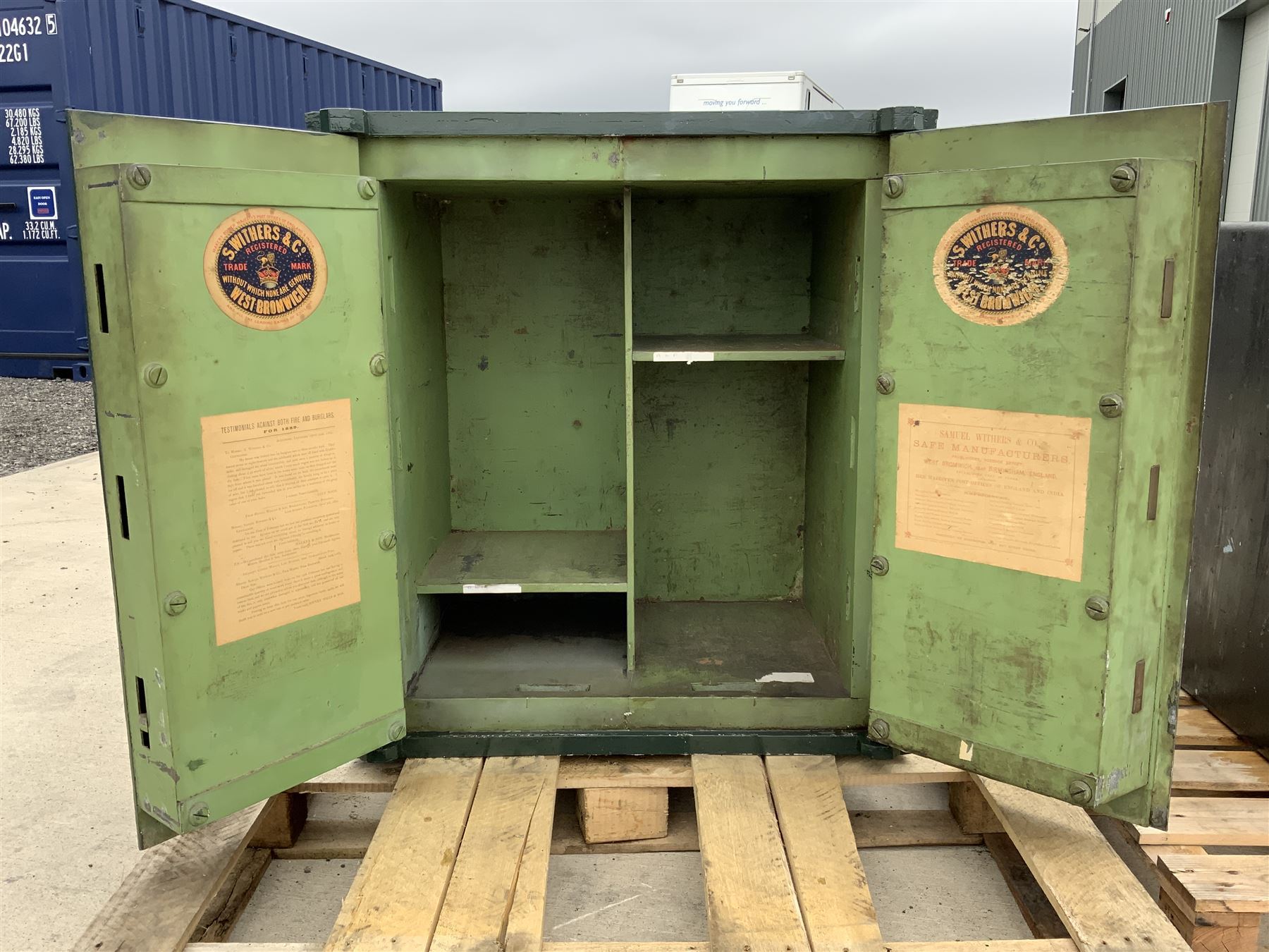 Large Victorian double cast iron safe by Withers of West Bromwich, NO KEYS present, two doors enclosing shelves - THIS LOT IS TO BE COLLECTED BY APPOINTMENT FROM DUGGLEBY STORAGE, GREAT HILL, EASTFIELD, SCARBOROUGH, YO11 3TX