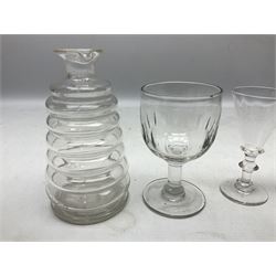 Quantity of Georgian and Victorian glasses, comprising late 19th century Beehive decanter, two thumb print rummer glasses, two 1780s Bristol glass of wrythen form, early Victorian toastmasters glass, two late Georgian wine glasses, late 18th century petal moulded wine glass, and early 19th century facet cut small wine glass