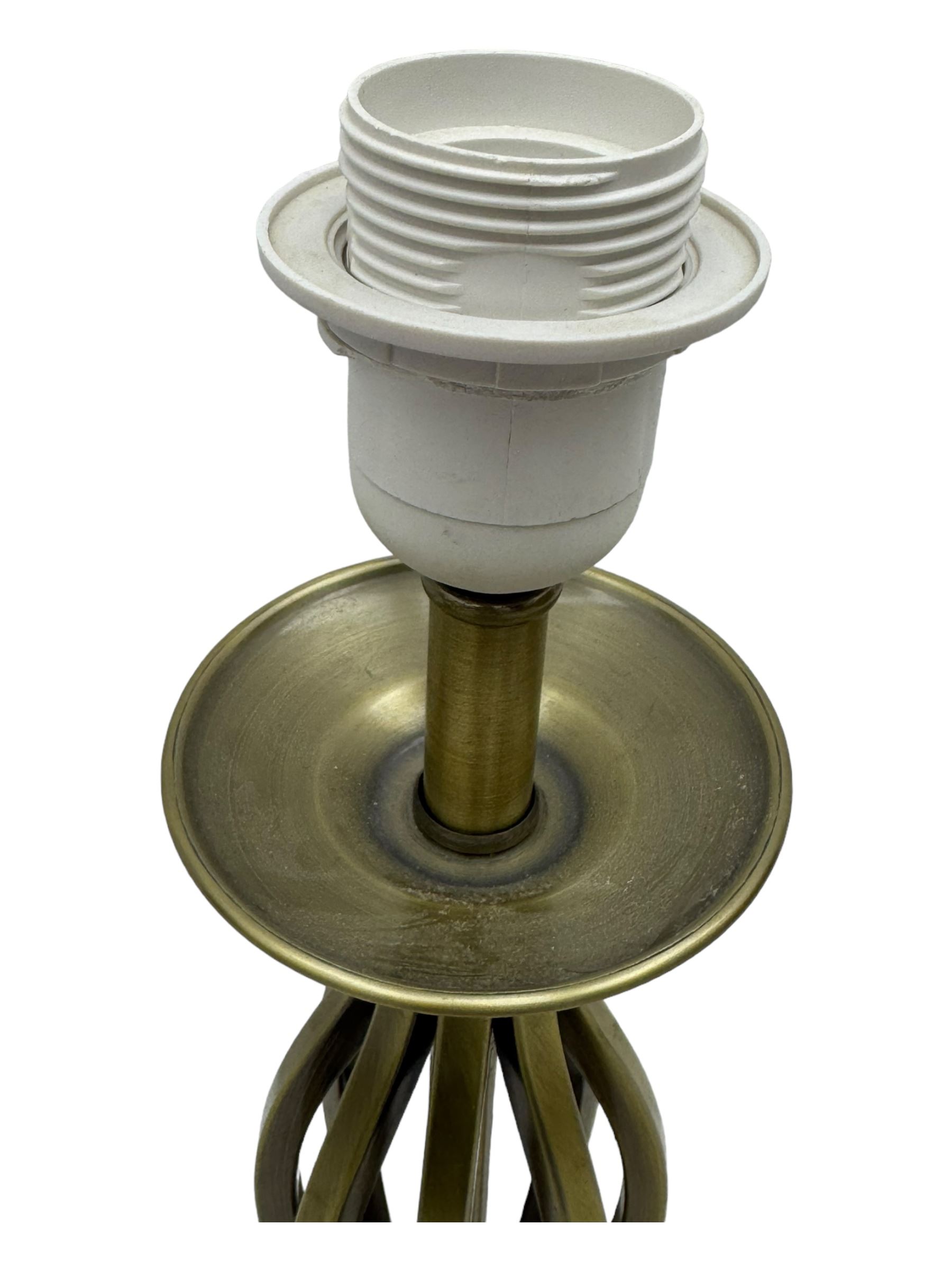 Contemporary brushed metal standard lamp, brass effect with cylindrical stem, on circular base, H131cm; matching table lamp, H35cm (2)