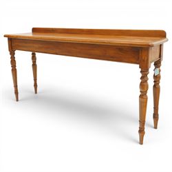 Country style oak server, rectangular top with galleried back and chamfered edges, plain frieze above turned tapering supports