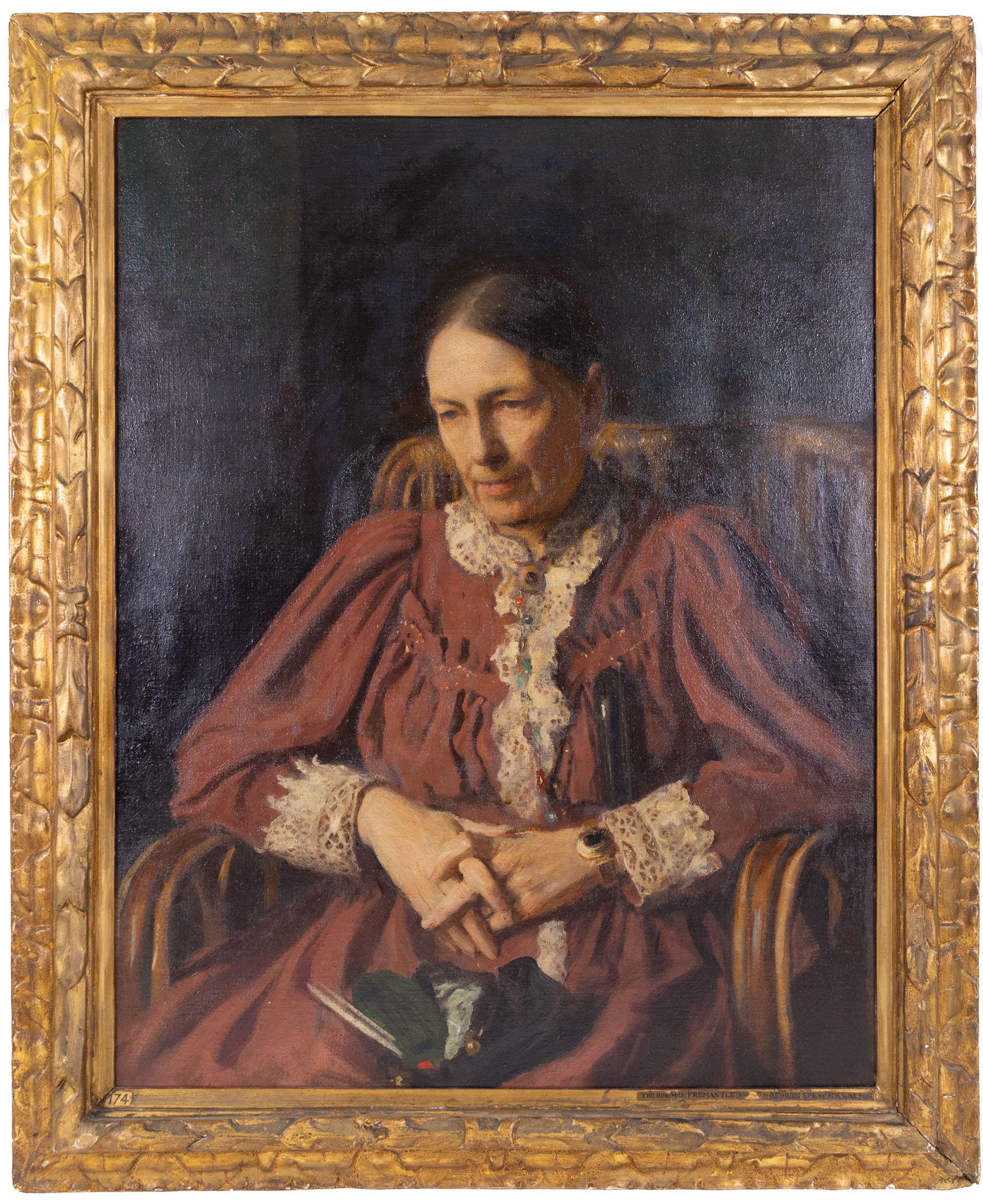 George Spencer Watson RA ROI RP (British 1869-1934): 'The Hon. Mrs Fremantle', oil on canvas unsigned, titled and attributed on the original frame, faded and indistinct title label verso 89cm x 70cm 
Notes: the painting depicts Isabella Maria (née Eardley) (1834-1901), daughter of Sir Culling Eardley Eardley, 3rd Baronet. She was the first wife (married 1863) of the Very Rev. Hon. William Henry Fremantle, D.D., Dean of Ripon (1831-1916). The Dean was the grandson of Vice-Admiral Sir Thomas Francis Fremantle, one of Admiral Lord Nelson’s band of brothers. The Hon. Mrs Fremantle was known for her charitable work and her work among the poor.