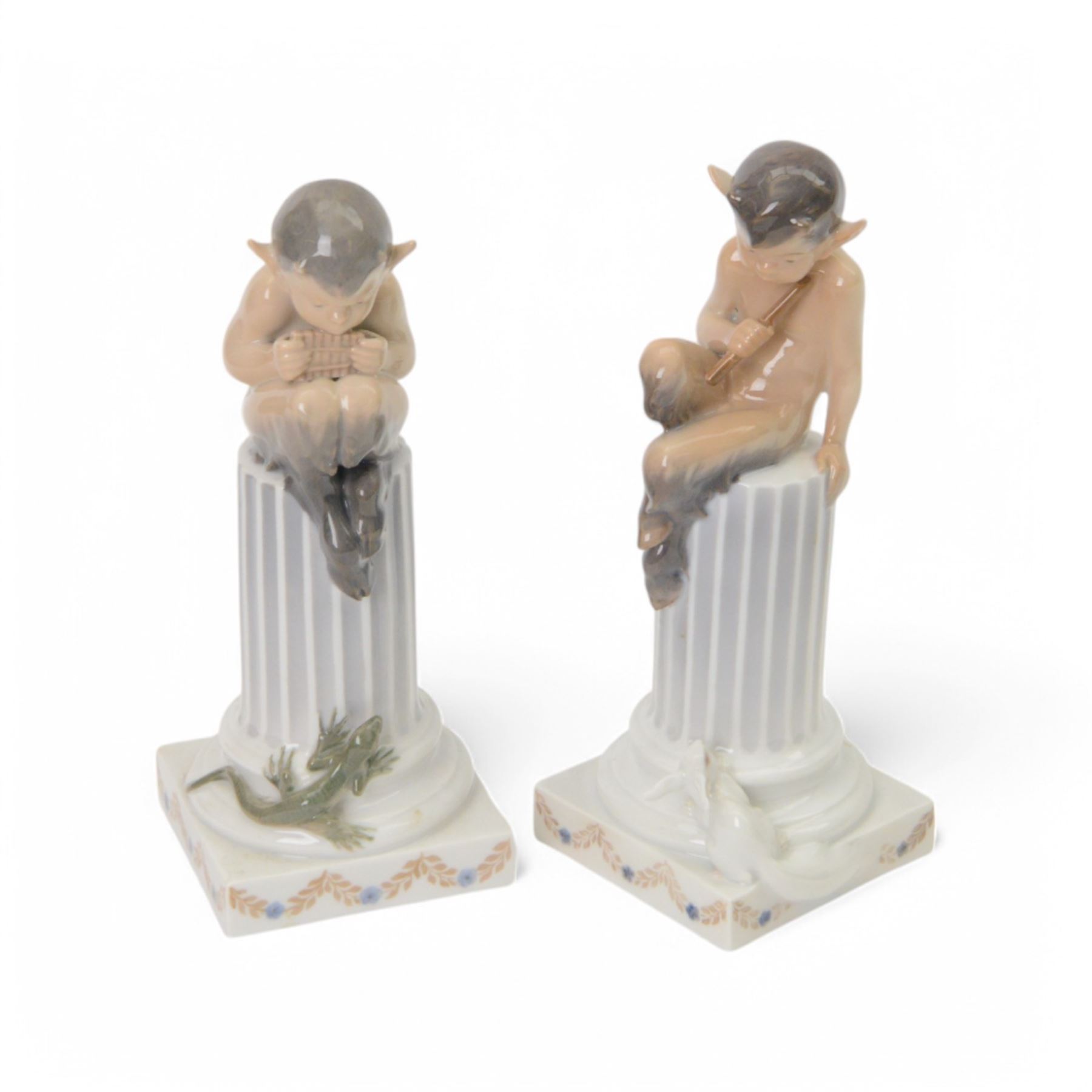 Two Royal Copenhagen figurines, Faun with Lizard no. 433 and Faun with Rabbit no. 456, H21cm