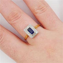 Art Deco gold baguette cut sapphire, old and single cut diamond cluster ring by Blanckensee & Son Ltd, stamped 18ct & PT, sapphire approx 0.60 carat, total diamond weight approx 0.15 carat