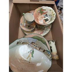 Collection of Royal Doulton Dickensian Ware ceramics, including chargers, teacups and saucers, bowls etc together with a quantity of drinking glasses, lacquered eggs, etc