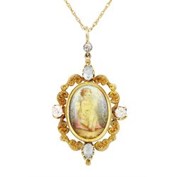 Early 20th century 9ct gold diamond and aquamarine enamel pendant, set with an oval hand p...