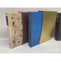 Seven Folio Society books, including The Divine Comedy, Charles Dickens Christmas Book, The Proud Tower, etc, all with outer sleeves
