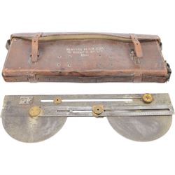 WWII British Plotting Field Instrument in Case, the metal instrument with ruled guide, used to calculate the fall of the shot from the gun stamped 'Plotter Field Mk IV W. Watson & Sons Ltd, No 8908 1939', in leather case marked 'Plotter Field MIV W. Guest & Co Ltd 1916', together with Watkin's compass clinometer, by J. Hicks, Hatton Garden, London, number 5640 and a trough compass 