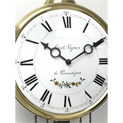  French Comptoise type wall clock, convex white dial signed Cent-Vignes de Beausejour, with two brass weights striking the half hours on a bell  