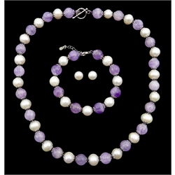  Silver amethyst and pearl bead necklace and matching bracelet, stamped 925 and pair of pearl stud earrings  