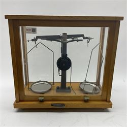 Set of Philip Harris of Birmingham laboratory scales, wooden cased H37cm, W38cm, D20.5cm
