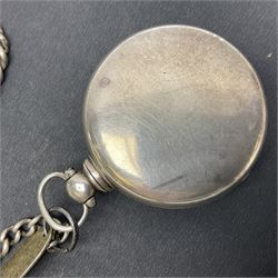 Victorian silver pair cased fusee lever pocket watch, No. 6765, cream enamel dial with Roman numerals, case makers mark R.S, Birmingham 1861, on silver Albert chain