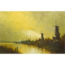 W E Smith (Continental 20th century): Dutch Windmills on the Riverside, oil on canvas sign...