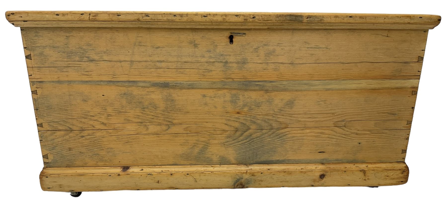 Victorian pine blanket box, hinged lid, fitted with carrying handles, on castors