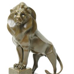 After Milo - bronze model of an art deco style lion climbing steps, bearing signature and foundry mark, overall H32cm 