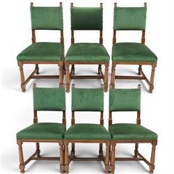 17th century style mahogany set of six dining chairs, with carved scrolled finials, padded...