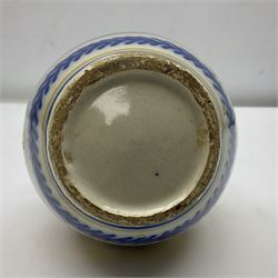 Tin-glaze, twin handled stoneware jar, decorated with hunting scenes on a yellow ground, H14cm 