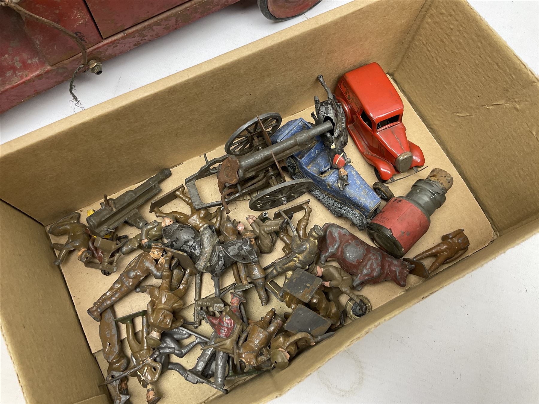 Hornby Racer 3 speedboat L45cm; pre-war Tri-ang sheet steel lorry and mobile crane; quantity of lead soldiers by Johillco etc; Tri-ang Minic clockwork Royal Mail Van; and part set of tin-plate construction pieces; all unboxed