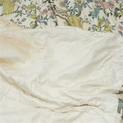 Pair of large quality full length lined and padded ivory ground curtains profusely decorated with birds of paradise and exotic flora, in a predominantly pastel palette

Pelmets W 335cm