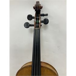 Copy of a full size Stradivarius violin, with an ebonised fretboard, tailpiece and tuning pegs, with a polished chin rest  Length 60cm