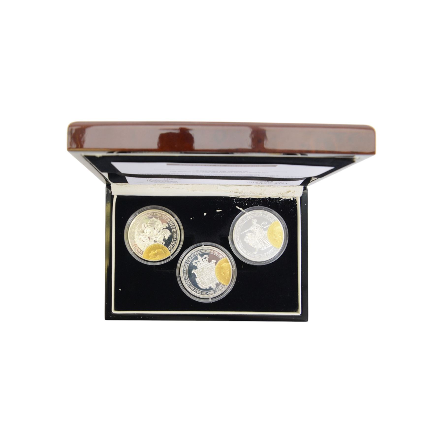 Two The London Mint Office 2009 9ct gold 1 gram half crown coins, Queen Elizabeth II Tristan Da Cunha 2014 'The World War One Centenary Silver Crown Set', The Royal Mint 2008 one ounce fine silver Britannia, United Kingdom 1986 brilliant uncirculated coin collection and other coins