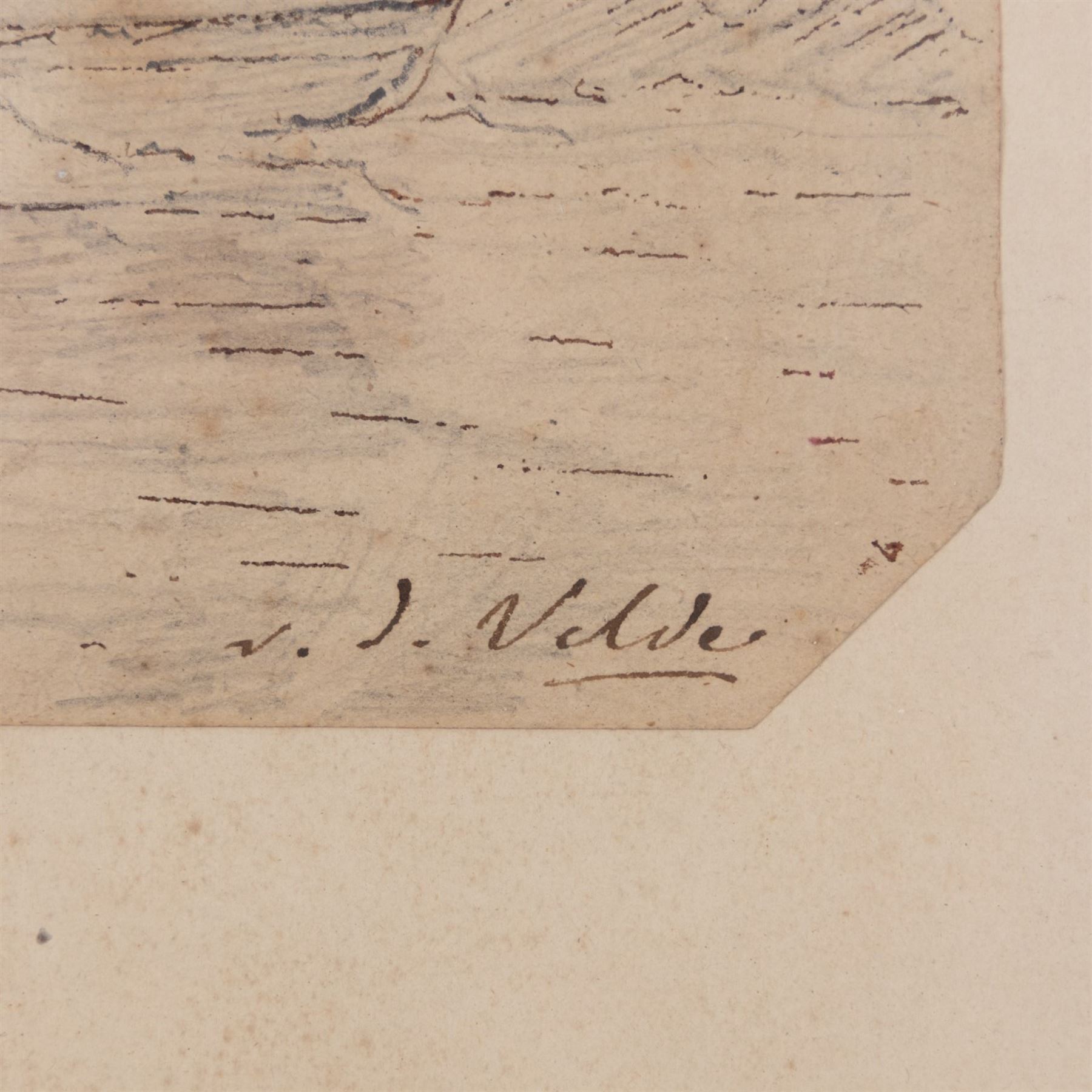 Manner of Willem van de Velde (Dutch 1633-1707): Sailing Boat Battling a Storm, pencil and ink on paper bearing signature 17cm x 15cm 