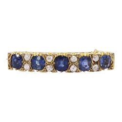 Early 20th century 10ct gold graduating five stone oval cut sapphire and old cut diamond brooch, total sapphire weight approx 2.00 carat