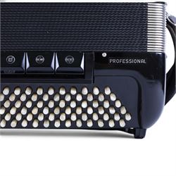 Borsini Professional 5-Row Chromatic button accordion, with 92 white pearlescent chromatic buttons and 136 bass buttons, possibly a custom model, in black high gloss case, with carry strap and original hard carrycase