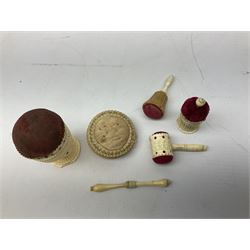 19th century bone and vegetable ivory sewing items including needles cases, pin cushions, thimble cases etc