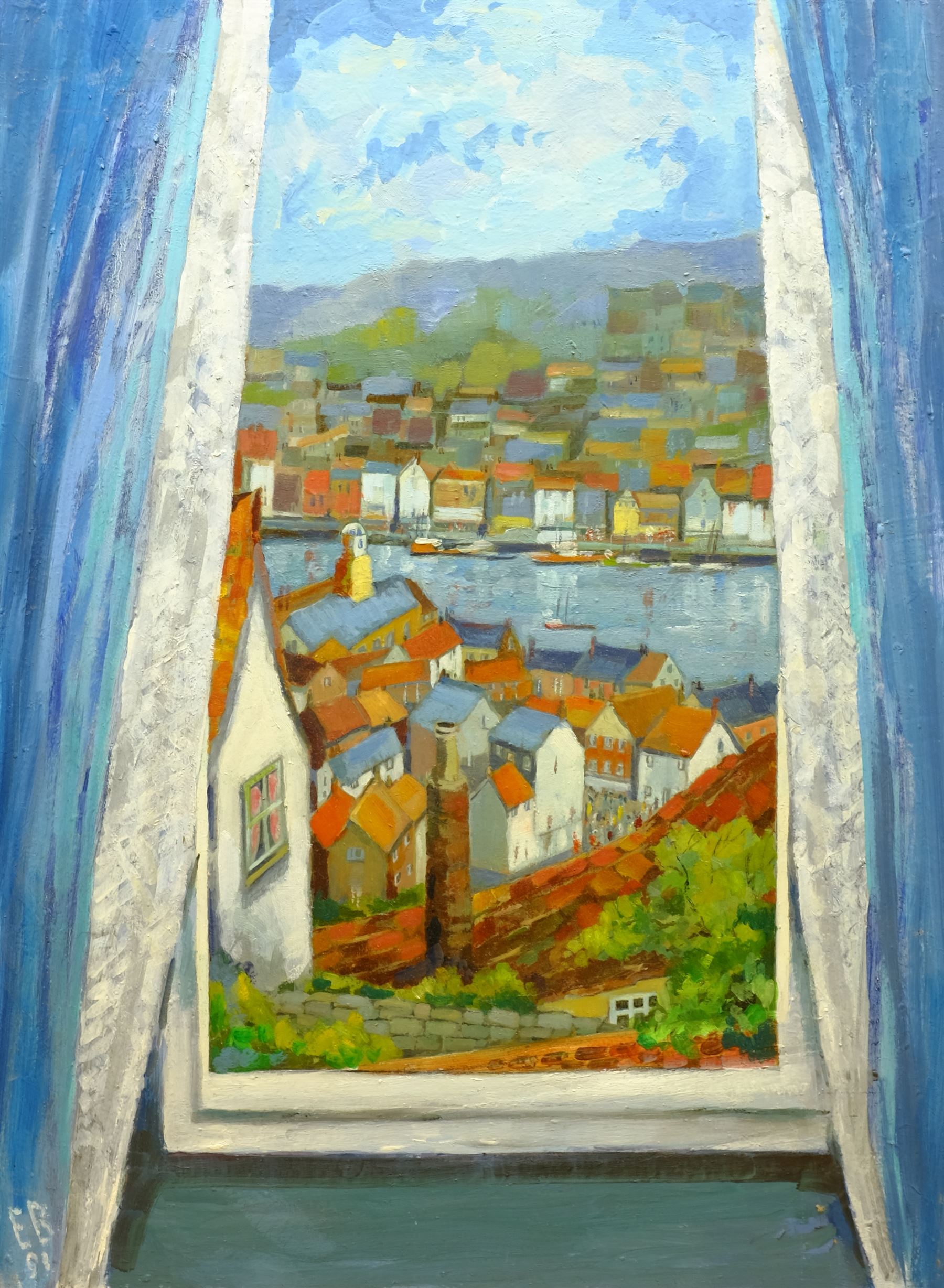 Ethel Blackburn (British 1907-2005): Whitby Rooftops, oil on board signed with initials and dated '91, 61cm x 45cm (unframed)