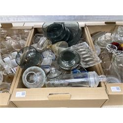 Large collection of assorted glassware, to include coloured glass, paperweights, glass sweet jar, drinking glasses of various size and form etc, in five boxes