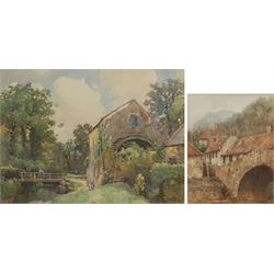 John R Lewis (British early 20th century): 'The Mill Stream Glen Conway', watercolour signed; W Thornburn (British early 20th century): Cottages with Bridge, watercolour signed, max 29cm x 39cm (2)