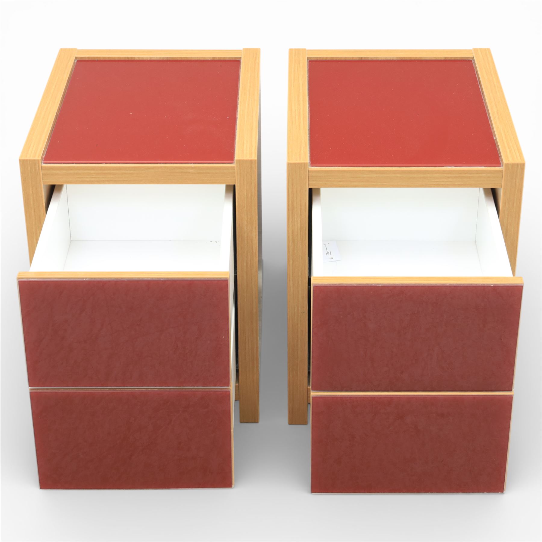 Sliderobes - modern dressing table and two bedside cabinets, red glass panels to top and drawer fronts, drawers with push to open mechanism, with veneered oak frames (Bedside tables H 56cm, D 50cm, W 40cm; Dressing table: H 83cm, D 50cm, W 135cm)