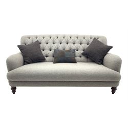 Traditional shaped three seat sofa upholstered in buttoned Harris Tweed fabric, turned front supports, with complimentary scatter cushions, W185cm, D103cm