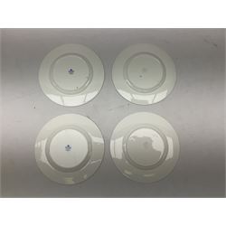 Coalport Revelry pattern tea and dinner wares, comprising nine dinner plates, four salad plates, eleven side plates, sauce boat and stand, ten teacups and ten saucers, and preserve pot and cover, together with a Coalport plate of shaped form decorated with pink roses, and a Royal Crown Derby Royal Antoinette pattern trio