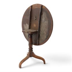George III country oak tilt-top tripod table, circular snap-top on turned vasiform pedestal with three splayed supports