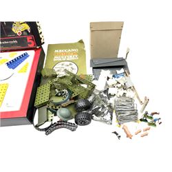 Meccano - Set No.5 box with part contents; quantity of unboxed sections from Combat Multikit with instruction book; modern German clockwork tin-plate model of aircraft flying around a globe, boxed; and other toys